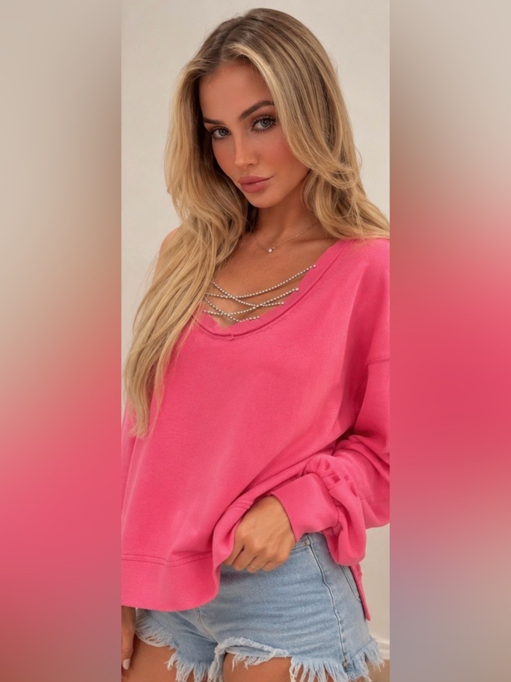 Fantastic Fawn Fuchsia Diamond Jewel Criss Cross Long Sleeve Top IFKT51915-01